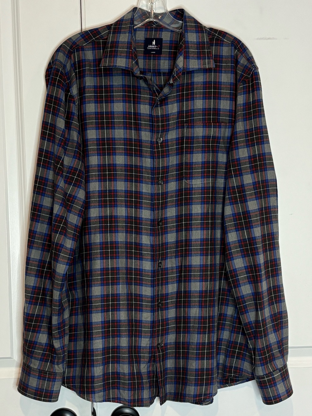 Johnnie-O Gerrard Tucked Cotton Blend Plaid Button Front Shirt Gray Blue Red L